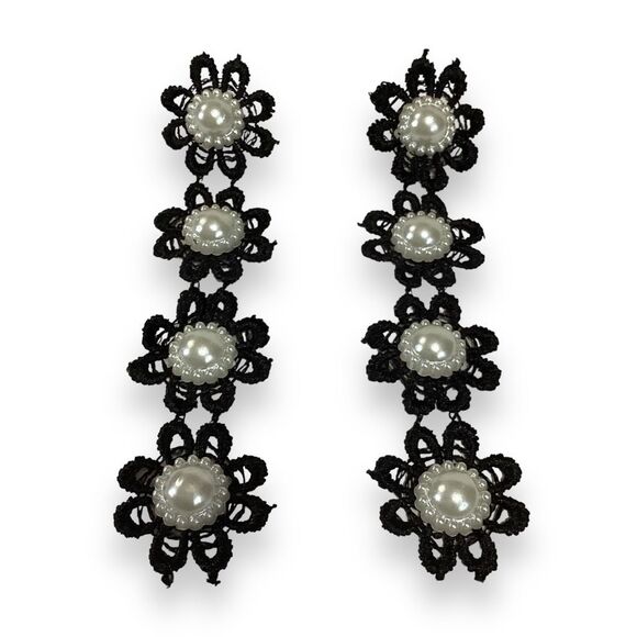 Vintage Handmade Plastic Pearl & Black Floral Crocheted Drop Earrings for Pierce - Picture 1 of 6
